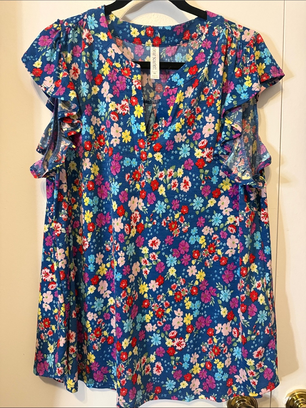 Floral Ruffle Sleeve Blouse - Blue Multi